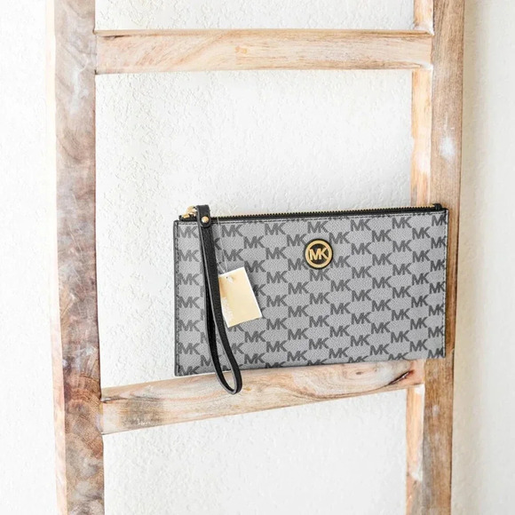 NWT! MICHAEL KORS FULTON LARGE ZIP CLUTCH - BLACK GRAY GOLD - Picture 3 of 10